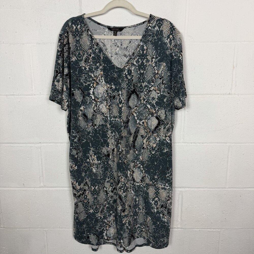 Christian Siriano Shift Dress V-Neck Hi-Lo Stretch Gray Snake Print Casual 2X